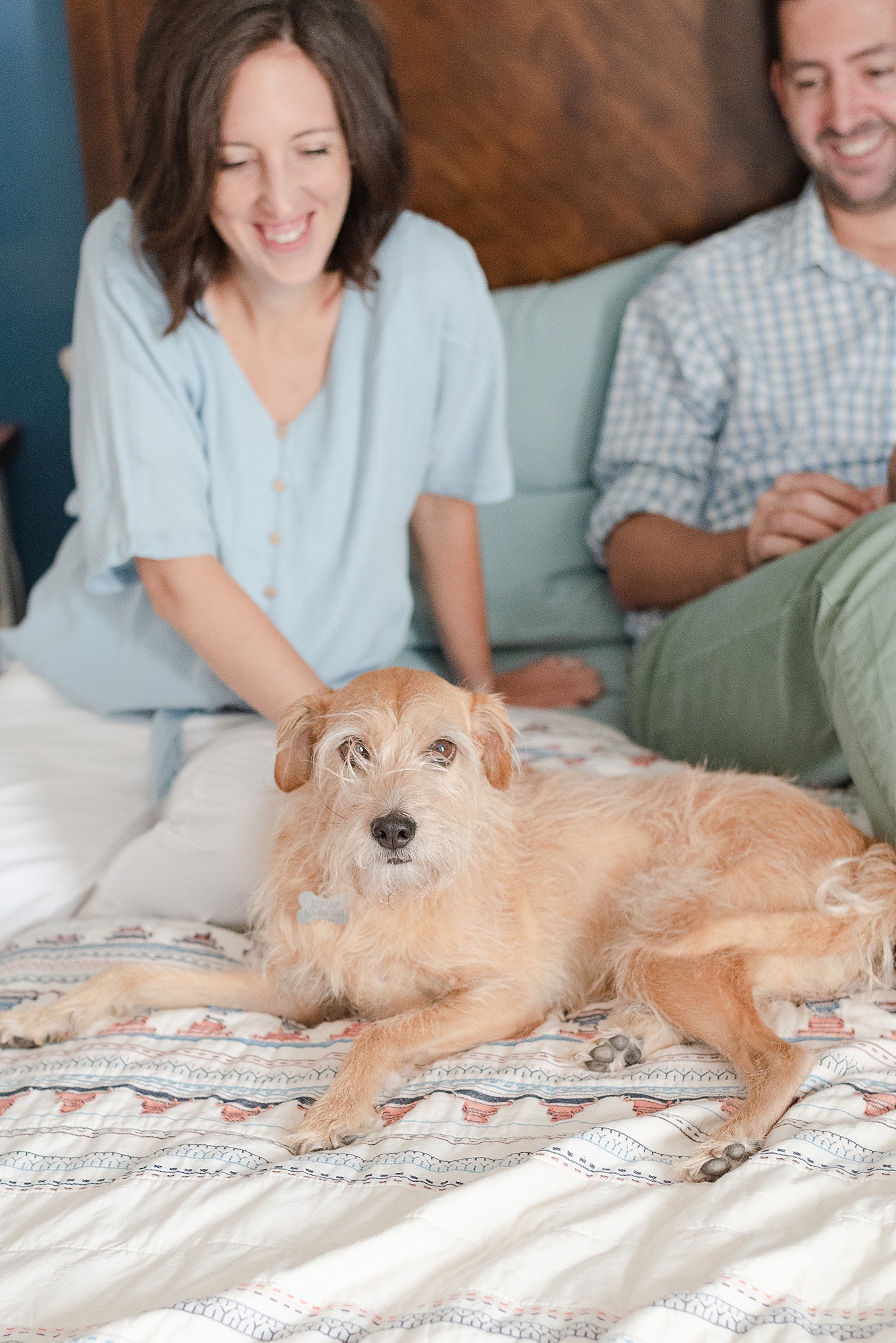 A Dog is sitting on a a bed with its owners and looking at the camera for a newborn session