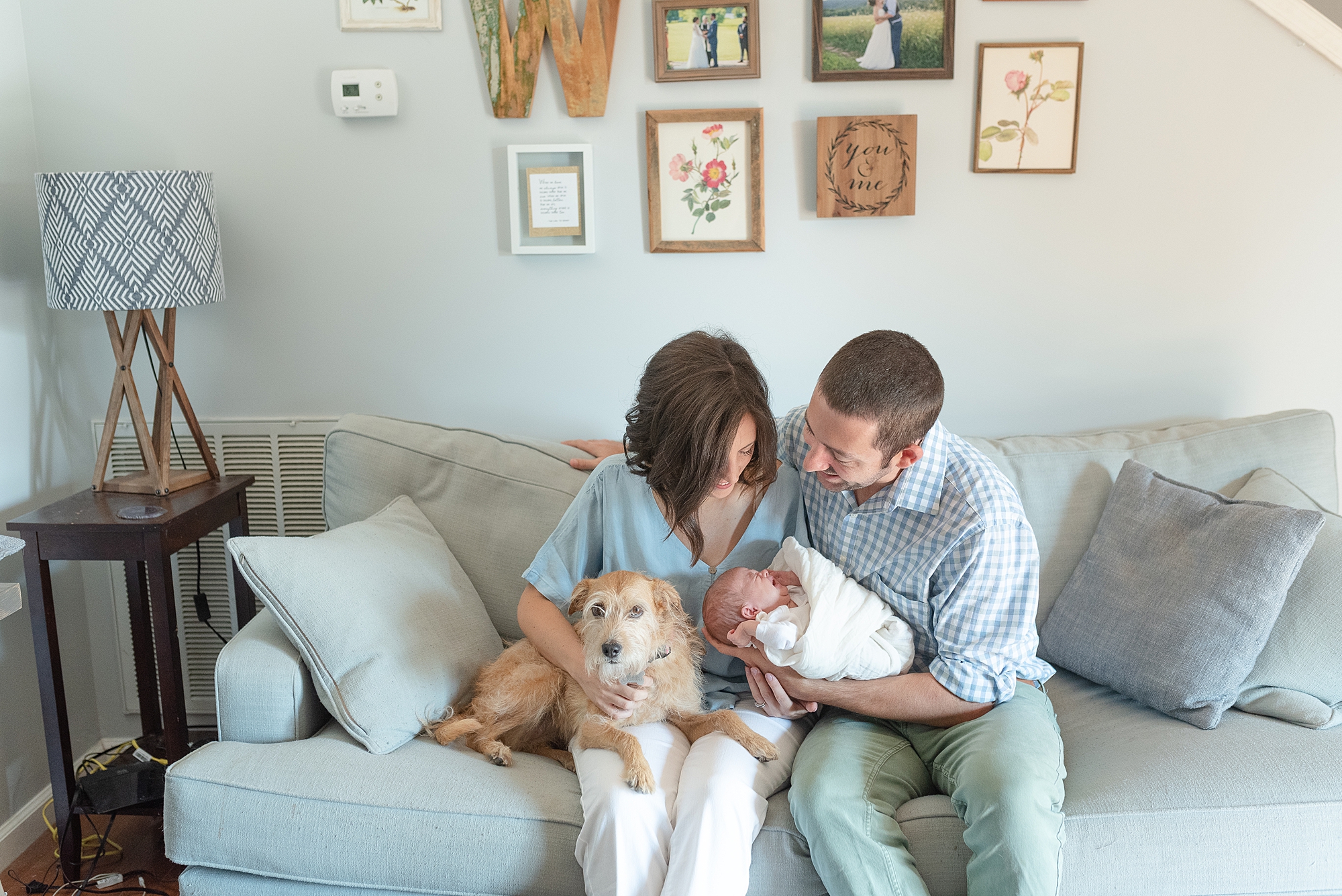Family of three with the family dog are getting their family portraits taken in the living room of their home and the living room walls have national parks as decor