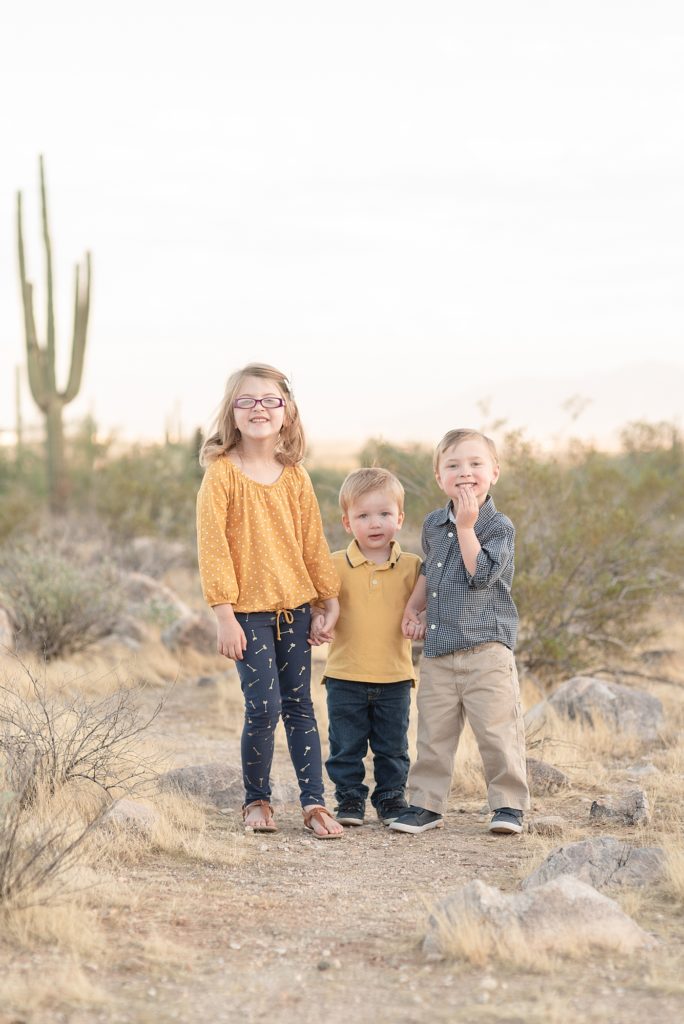 three siblings which consist of big sister and two younger brothers stand together for their family portraits in the desert of phoenix arizona at the base of the white tank mountains for christmas portraits by Dolly DeLong Photography