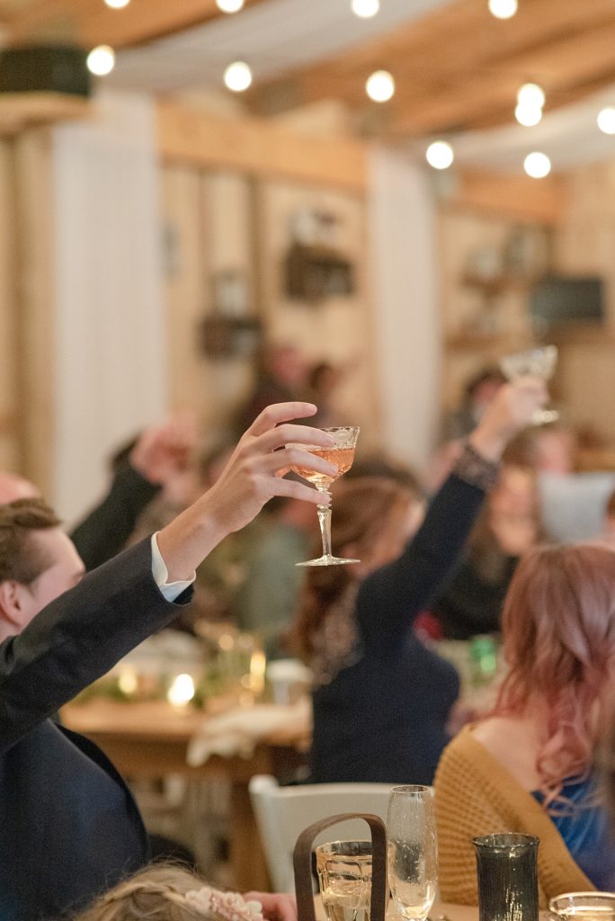 guests raising their glasses for a toast at a wedding