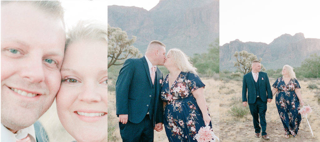 a trio of photos showing a film engagement session of a sunrise engagement session of a man and woman in phoenix arizona in the desert 
