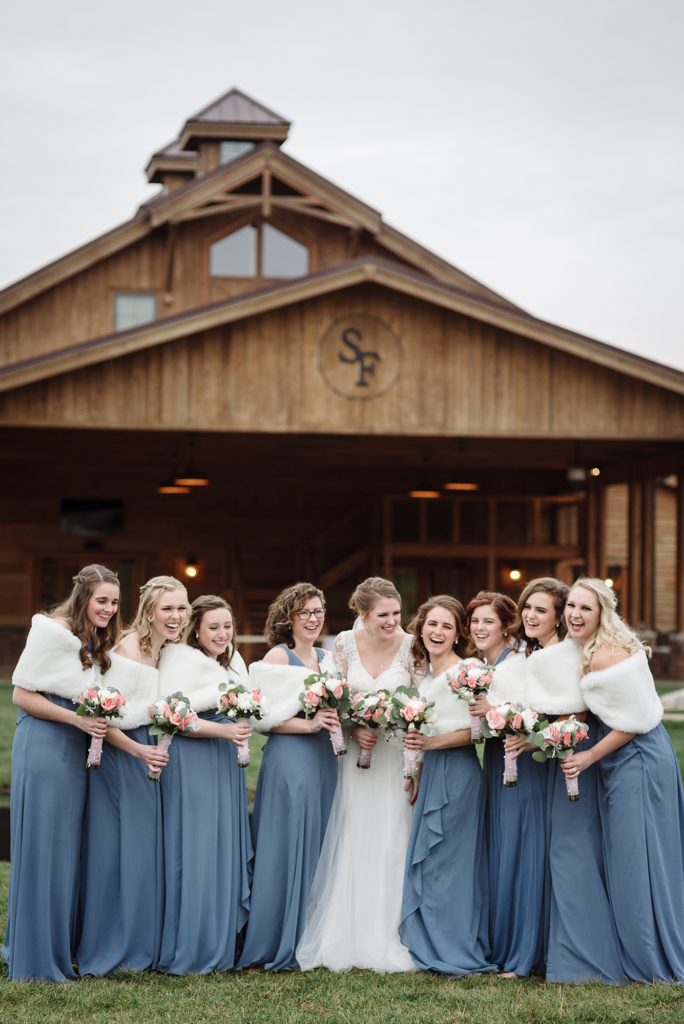 Wedding Party in front of the Barn at Sycamore Farms in Arrington for a Winter Wedding by Dolly DeLong Photography