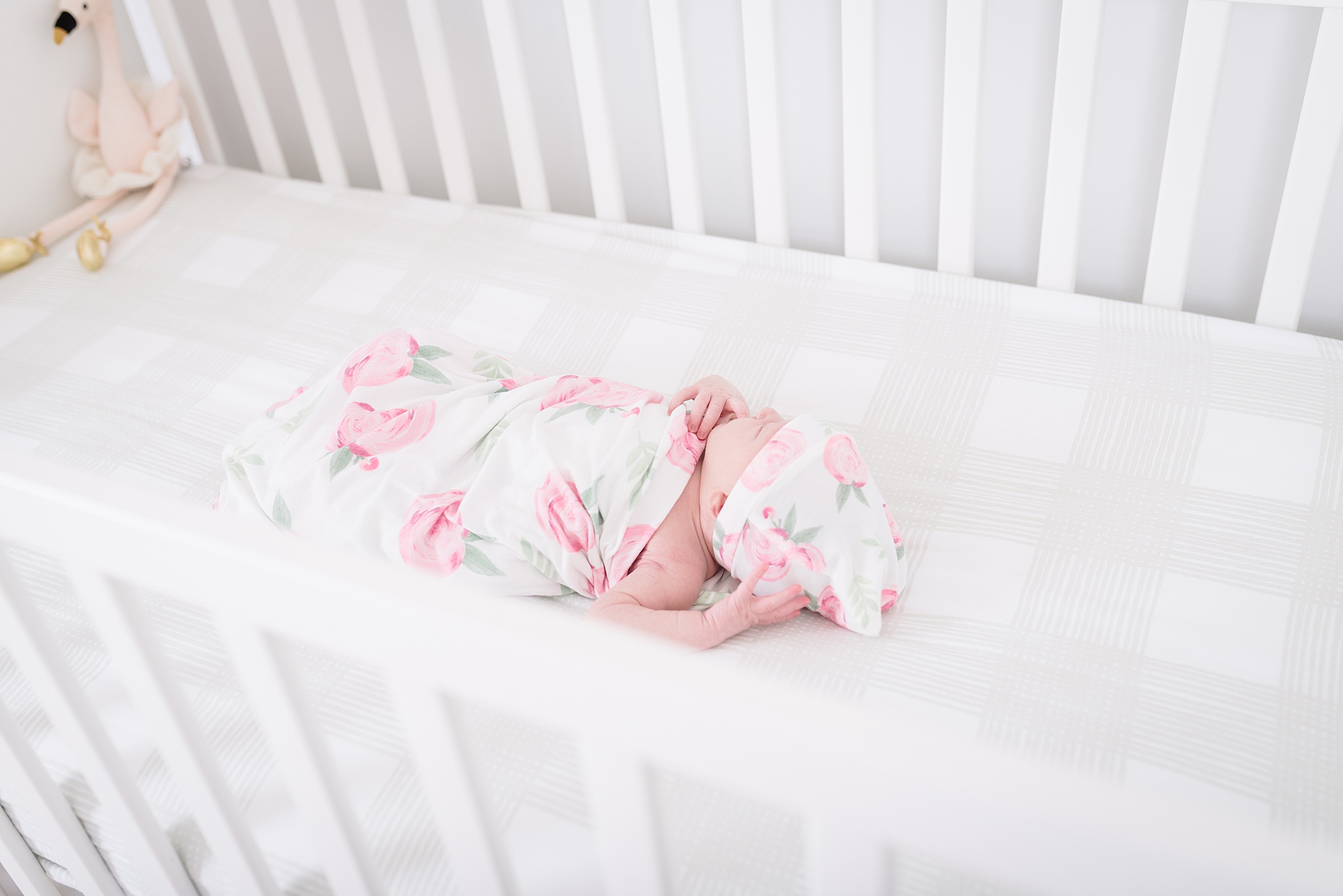 newborn girl in her baby pink crib for newborn portraits in Nashville