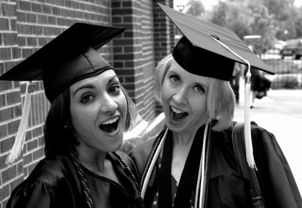 Black and White Photo of Dolly DeLong Photography at her College Graduation at Harding University in 2007