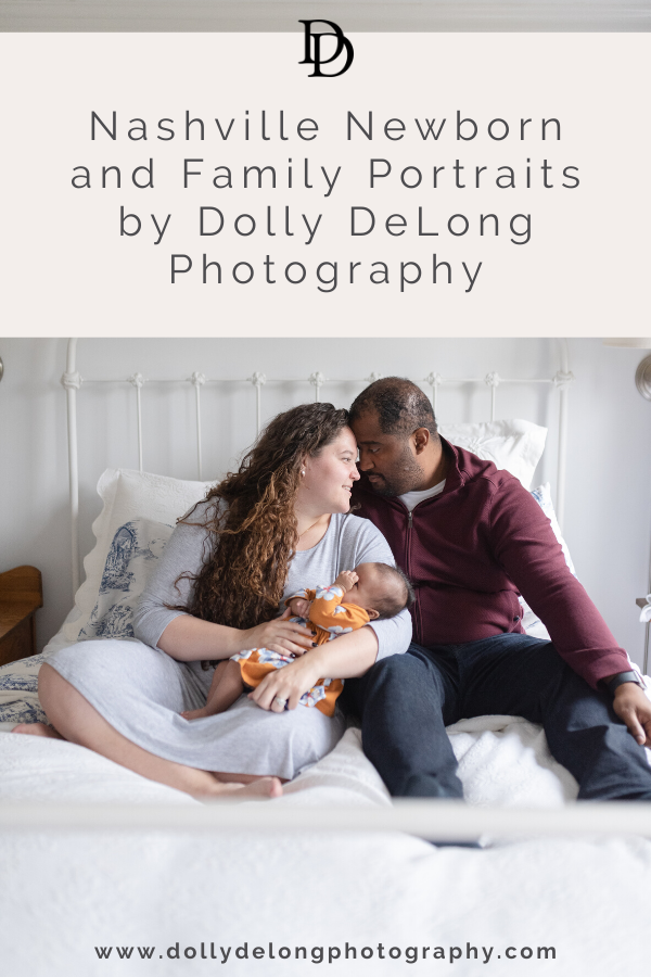 Mom and dad and newborn daughter all sitting on bed for family photography portraits in Nashville with Dolly DeLong Photography