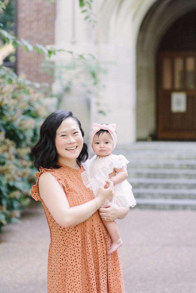 Korean Mom and her daughter standing at Vanderbilt University for a family photography session by Nashville Family Photographer Dolly DeLong Photography