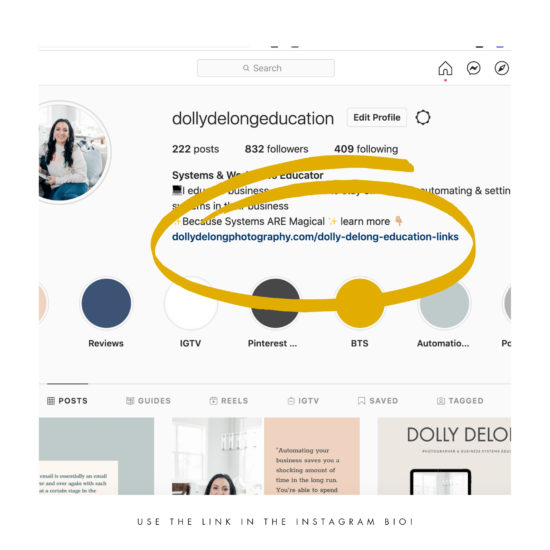 Image of dolly delong education's instagram to show the viewer where to put link in bio to optimize their dubsado lead capture form