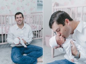 dad kisses baby girl during newborn session in Nashville nursery