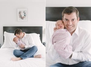 dad snuggles baby girl in pink swaddle