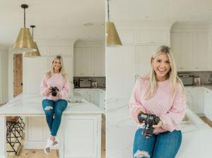 photographer sits on kitchen counter with camera during Nashville personal branding portraits