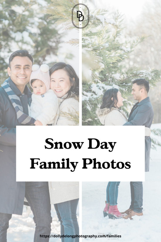 Dad holding baby daughter and mom holding dad's arms and smiling at daughter and they are standing in the snow for family photos in Nashville TN by Nashville Family Photographer Dolly DeLong