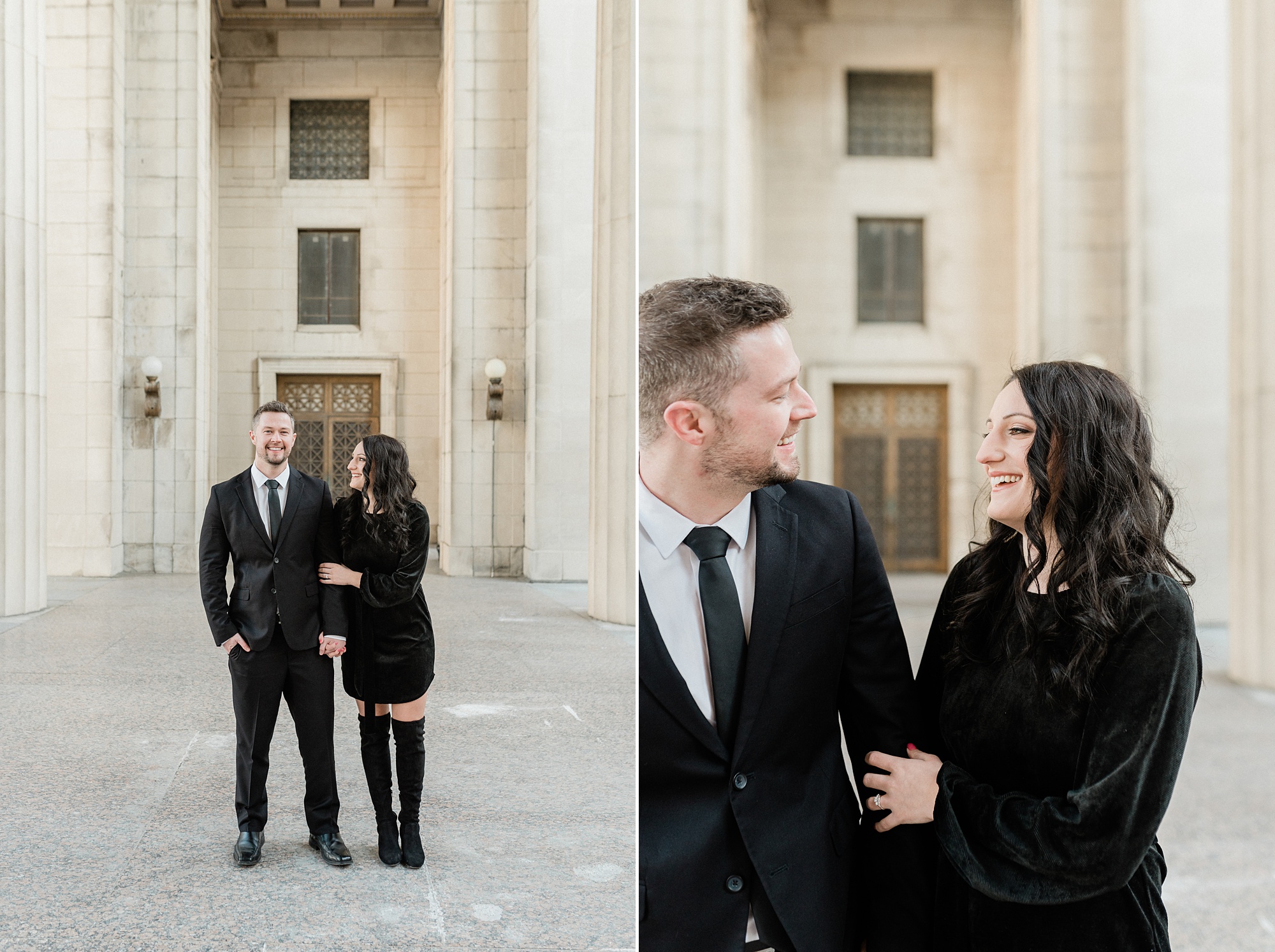 engaged couple walks by War Memorial in Downtown Nashville