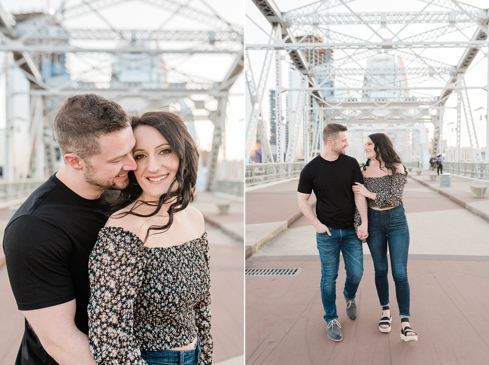 couple walks on bridge in Nashville TN