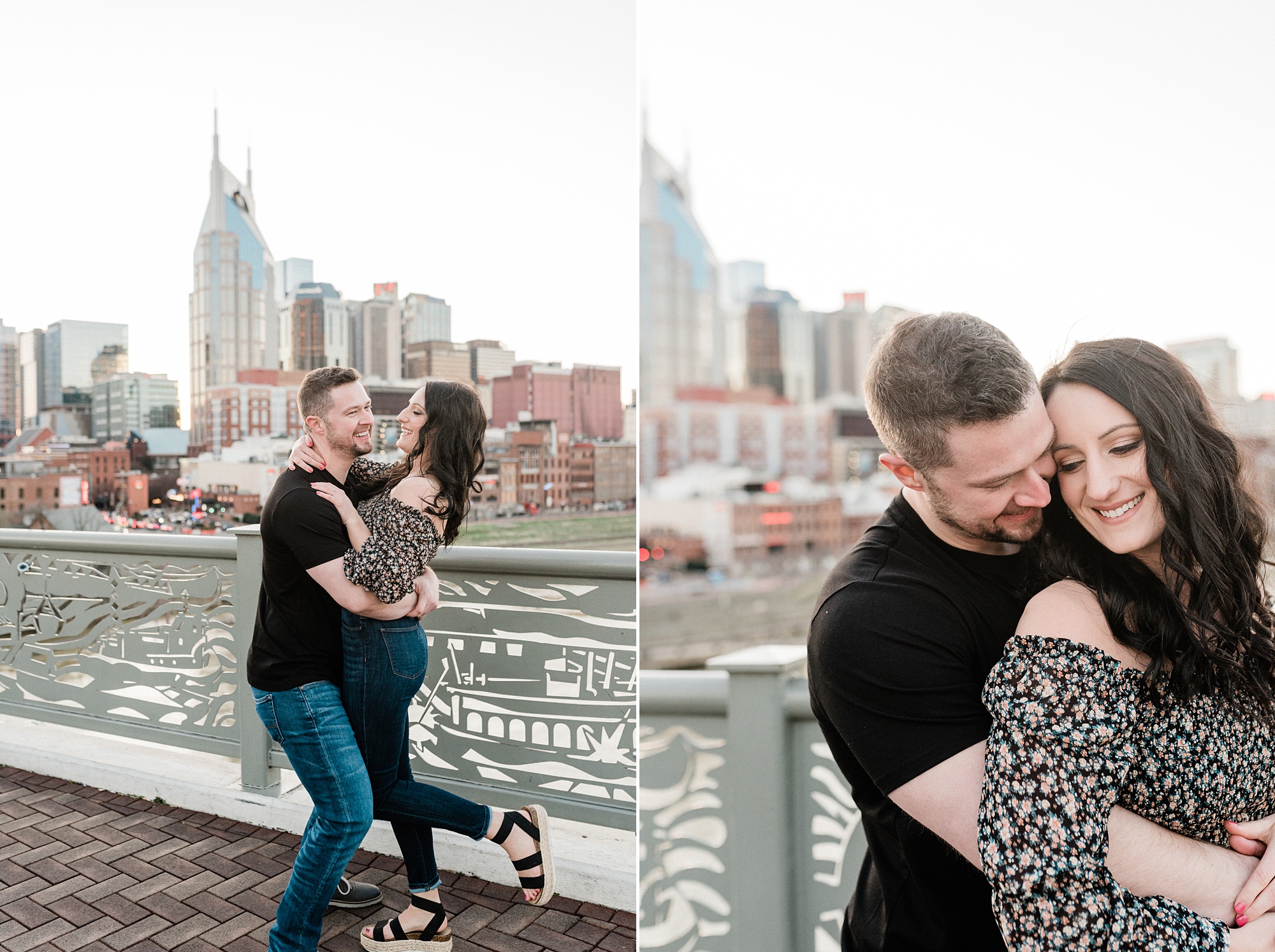 engaged couple poses on Pedestrian bridge in Nashville TN