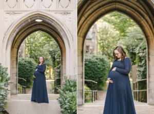 Vanderbilt University maternity session in the fall with mother posing under archway