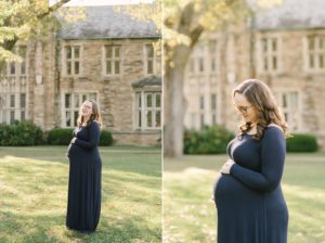 expecting mother in navy dress poses at Vanderbilt University