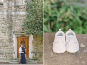 couple kisses by wooden door with baby shoes next to them on step