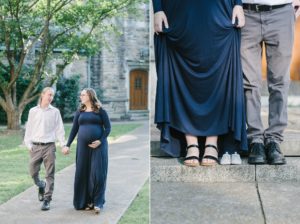 expecting parents pose with baby shoes on steps of Vanderbilt University