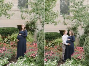 mother-to-be poses in blue dress in gardens of Vanderbilt University