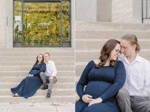 married couple sits on steps at Vanderbilt University