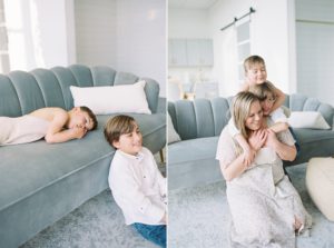 mom and sons play during Nashville family portraits on film
