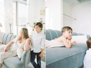 kids sit on couch during lifestyle family photos in Nashville
