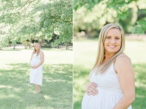 mom in white sundress holds baby belly during Nashville maternity portraits