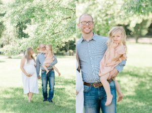 family poses in backyard during spring Nashville maternity portraits