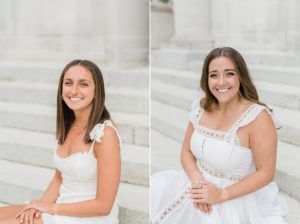 seniors sit on steps in white gowns for Vanderbilt University graduate portraits