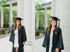 seniors pose in caps and gowns on steps at Vanderbilt University
