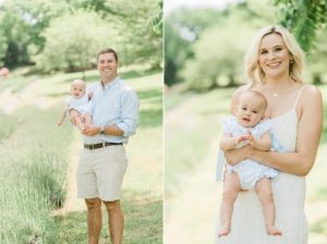 parents pose with baby girl during lavender field mini sessions
