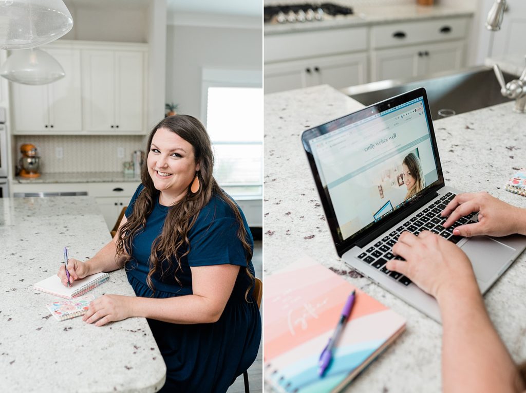 female business owner sits at kitchen counter working during branding photos
