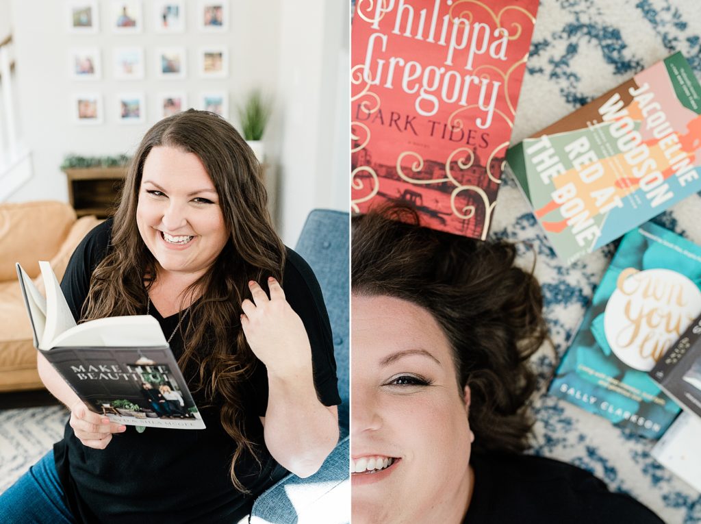 copywriter poses with books during Nashville branding session