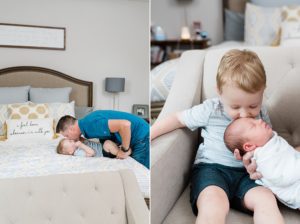dad kisses baby during newborn photos at home