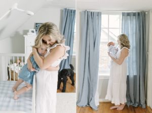 mom snuggles with children in nursery during family photos at home