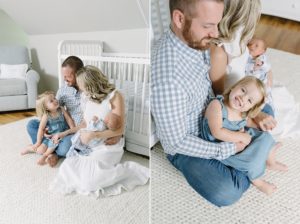 family looks at baby boy during Nashville newborn portraits