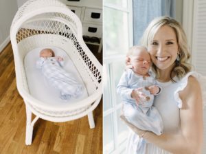 mom holds son and he sleeps in bassinet