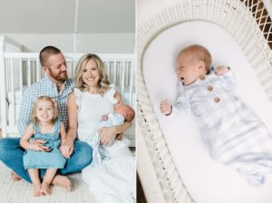 parents snuggle with baby boy during newborn photos at home