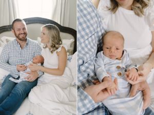 parents snuggle with son during Nashville Newborn Portraits at home