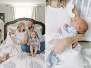 family of four sits on bed during Nashville newborn portraits