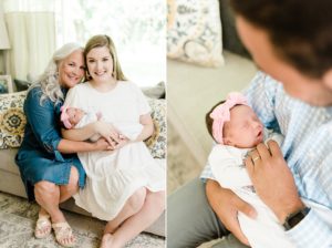 mom, grandmother and daughter sit on sofa during Nashville newborn session at home