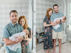 parents pose by crib with baby girl in Franklin TN nursery