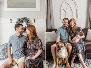 family of three sits with dog during Franklin TN newborn session