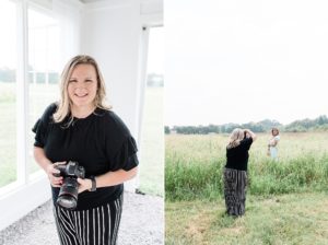 senior photographer works with client in field