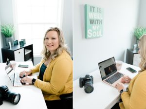 woman works at desk during Nashville personal branding session