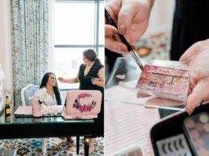 woman applies makeup during branding photos