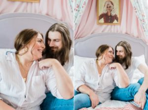 couple sits on bed during branding photos at the Nashville Graduate Hotel