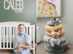 dad holds son by crib during Lifestyle Newborn Session in Nashville