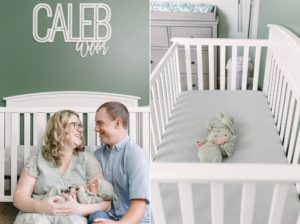 family poses in son's nursery during Lifestyle Newborn Session in Nashville