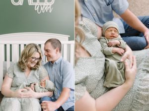 baby sleeps in parents' arms during newborn photos at home
